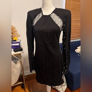 DUNDAS Black Long Sleeve Dress with Mesh Accents